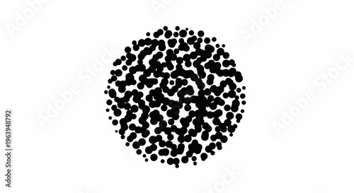 Abstract circular arrangement of varied sized black dots on white