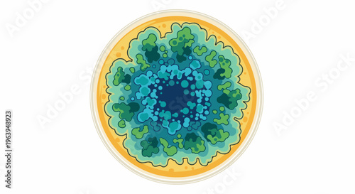 Abstract circular pattern of green and blue organic shapes on yellow background