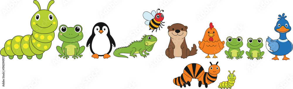 Fototapeta premium Cute Animal Character Set with Caterpillar Frog Penguin Lizard Otter Chicken Duck Bee and Cartoon Wildlife Collection for Kids Vector Illustration