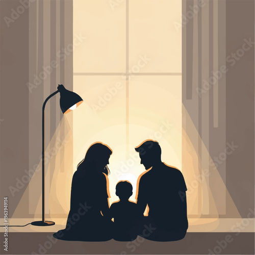 Family sits together on floor by window with lamp