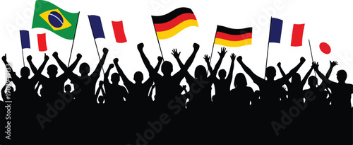 Diverse crowd celebrating with national flags at international festival under bright daylight