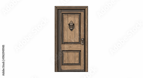 A wooden door with a circular knocker and a keyhole