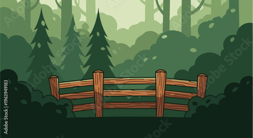 A wooden fence crosses a lush green forest with tall trees and dense foliage