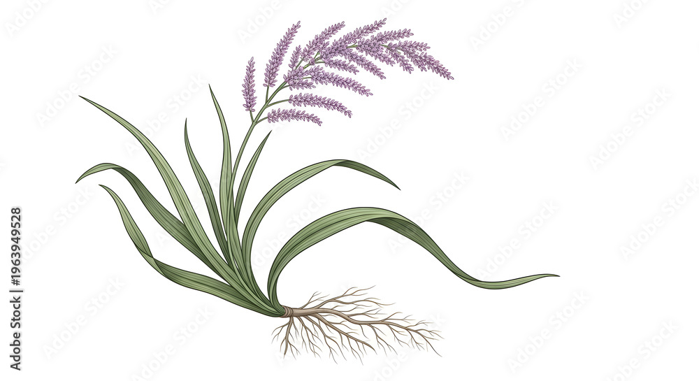 Obraz premium Illustration of purple flowering grass plant with roots and long green leaves isolated on white