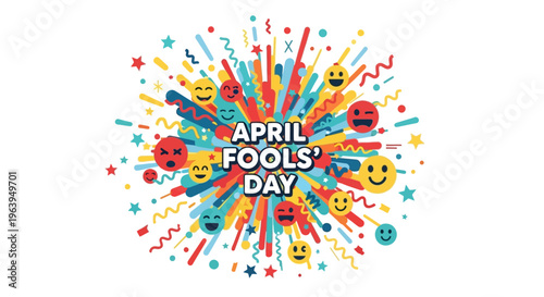 Vibrant April Fools' Day design with colorful illustrations and emojis on a white background, conveying humor and jokes concept.