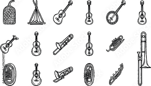 Musical instruments chalk style icons set duduk guitar banjo trombone vector isolated on white background