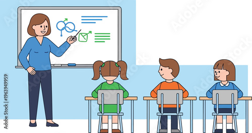 Female teacher explaining science lesson on whiteboard to students, school classroom interior with children at desks, educational vector illustration