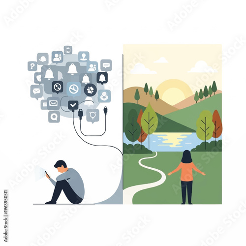 A woman experiences nature while a man is absorbed in technology icons.