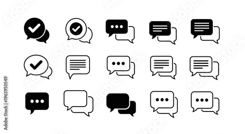 Black and white chat icons with checkmarks and speech bubbles