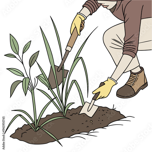 Person digging soil with a shovel and trowel