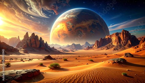 A vibrant cosmic landscape showcases a colossal planet above rugged, sun-drenched desert canyons and sandy dunes with dramatic skyscapes