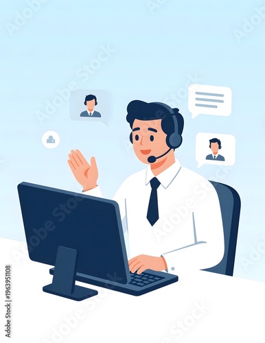Professional Male Consultant Wearing Headset and Working at Desk