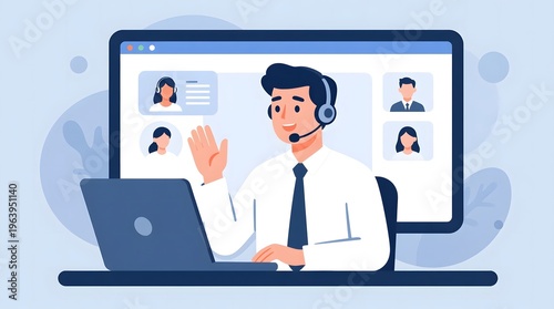 Professional Man Engaging in Virtual Meeting with Headset and Laptop