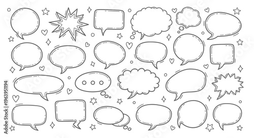 comic speech bubbles with hearts and stars on white background