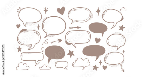 Colorful speech bubbles with hearts and stars on white background