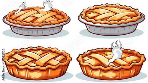 Four cartoon pie illustrations, two with steam and one with whipped cream, on white