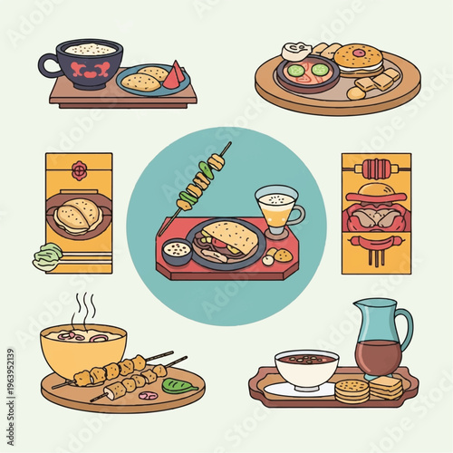 Variety of food and drink items are served on wooden trays indoors.