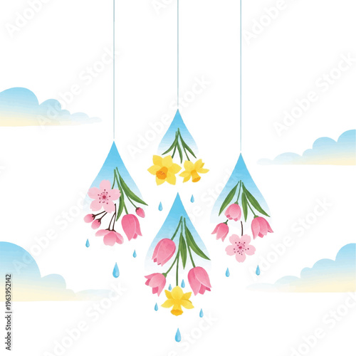 Hanging flowers and leaves in teardrop shapes fall from the sky with clouds.