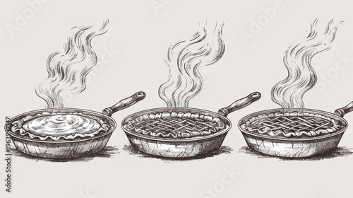 Three steaming pies in metal pans with wooden handles, drawn in a sketch style