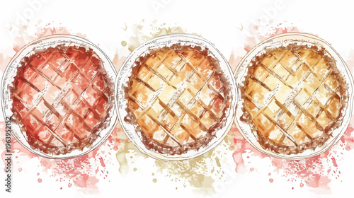 Watercolor style illustration of three round fruit pies in plates with lattice crusts