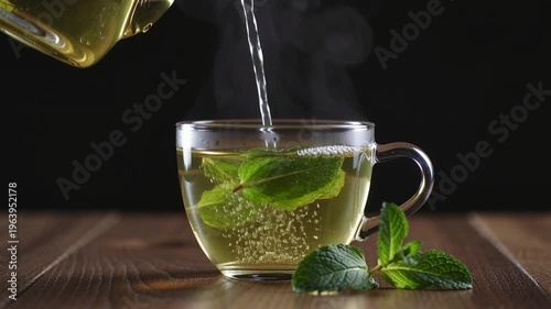 Steaming herbal green mint tea pouring from a glass teapot into glass cup on the table surrounded by mint leaves
