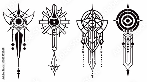 Four abstract, stylized icons in black and white line art, arranged side-by-side