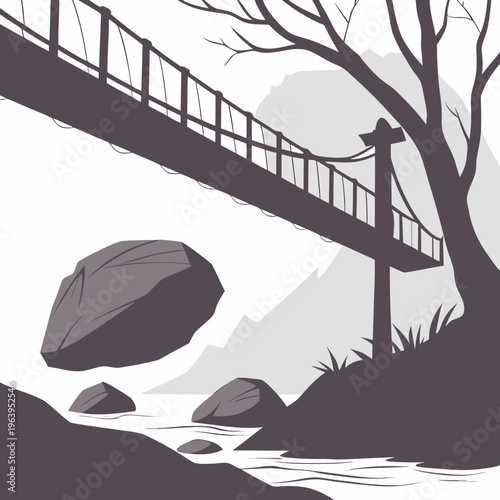 Suspension bridge over rocky stream tree