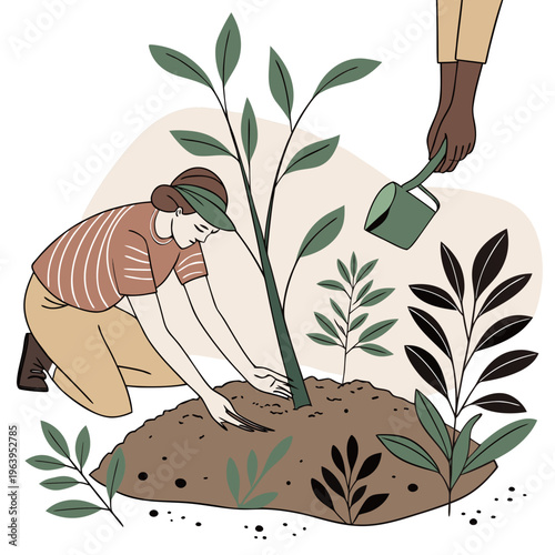 Person watering a newly planted tree gardening watering can