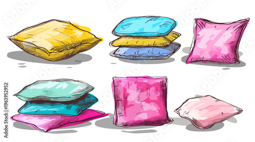 Watercolor-style illustration featuring colorful pillows, arranged in stacks and singles
