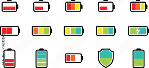 Battery level icons set showing charge status low medium full energy power symbols flat vector illustration design