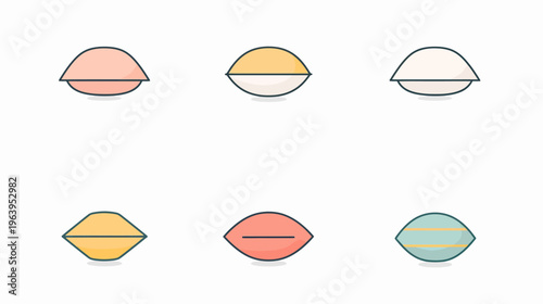 Six stylized cartoon illustrations of diverse shaped pillow designs on a white background