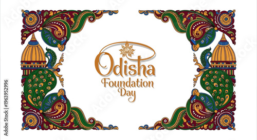 Vector illustration of Odisha Foundation Day design with colorful traditional patterns and peacocks on a white background, celebrating Odisha state formation day in India.
