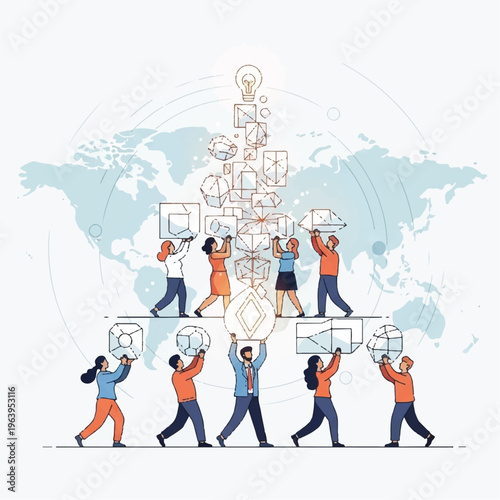 A group of diverse people collaborating and building a structure with puzzle pieces and light bulb on a world map background