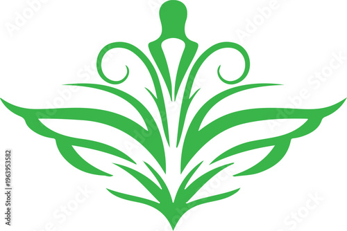 Abstract green floral ornament vector, elegant natural symmetry leaf design icon, eco friendly organic brand logo, decorative botanical element isolated.