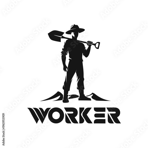 Silhouette of a worker wearing a hat, carrying a shovel on their shoulder, with mountains in the background, and the word 'WORKER' below, representing labor and determination