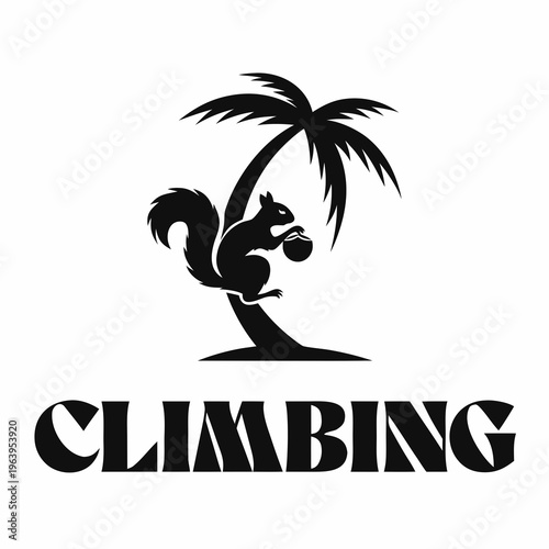Striking black and white vector emblem featuring a determined squirrel expertly climbing a stylized palm tree while holding an acorn, capturing the spirit of outdoor adventure and vertical challenges