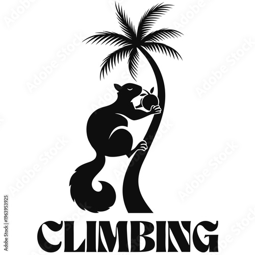 A silhouette of a squirrel climbing a palm tree and holding a nut, with the word CLIMBING beneath it