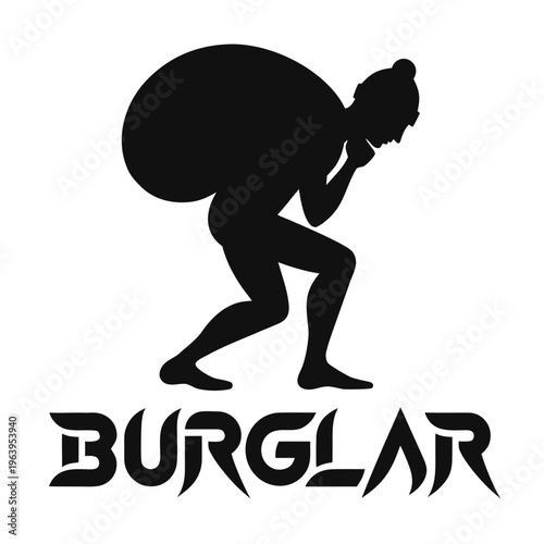 Vector silhouette depicting a stooping burglar carrying a large sack, symbolizing theft, crime, and security issues for various graphic design purposes