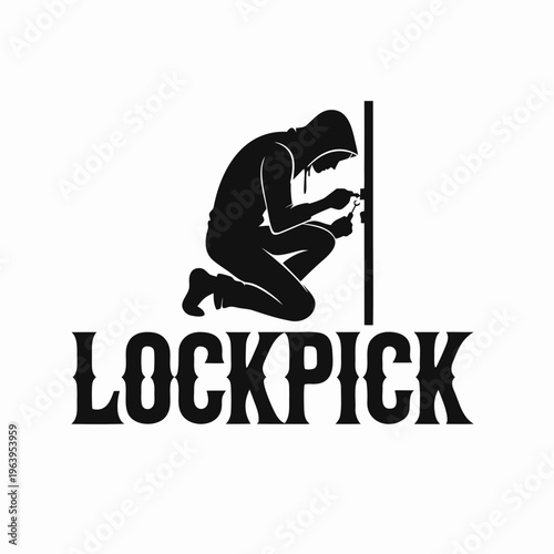 Bold vector silhouette of a person in a hoodie expertly picking a lock, representing security bypass, professional locksmith work, or a focused, technical hobby