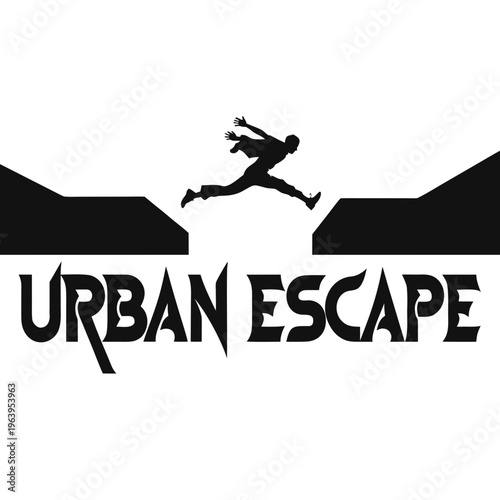 Urban Escape logo design featuring a silhouetted figure leaping across a gap, symbolizing freedom and adventure in city environments, perfect for brands related to outdoor activities and exploration
