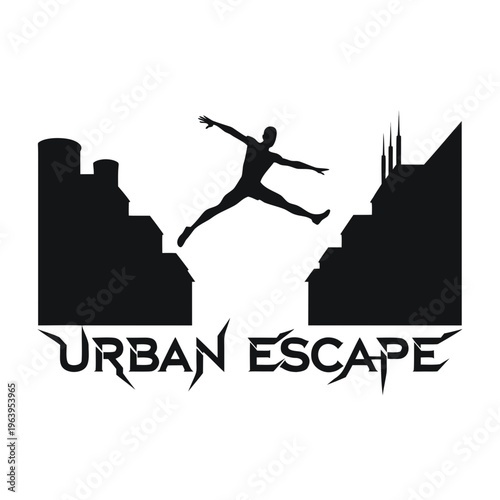 Silhouette of a person jumping between buildings, embodying freedom and escape from urban constraints, symbolizing a new beginning in a vibrant city