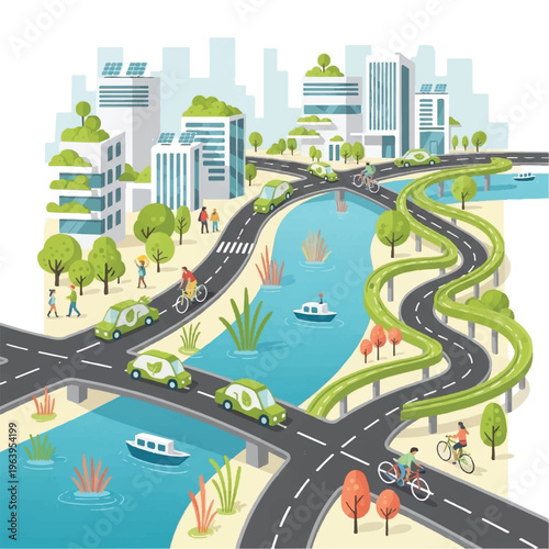 City planners design a sustainable urban landscape with roads, waterways, and greenery.