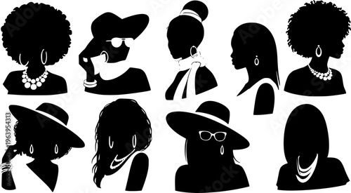 Group of African American pretty girls. Female portrait. Black beauty concept. Vector Illustration of Black Woman. Great for avatars. Fashion, beauty