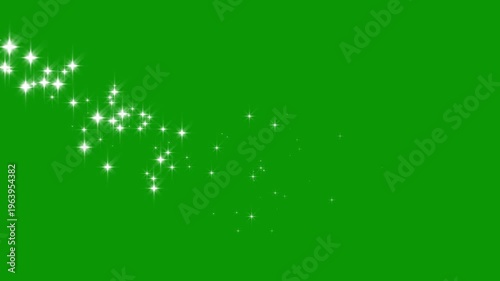 Glowing sparkle stars line animation, white twinkling particles shimmer, magic glitter dust trail, curved star motion burst, seamless shiny transition overlay on green background. 4k video.