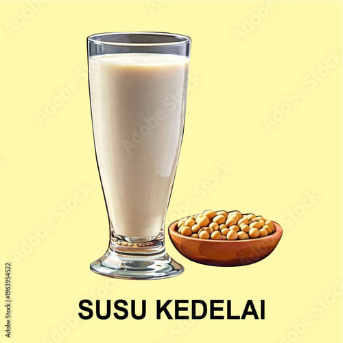 Soy Milk in Glass with Soybeans in Wooden Bowl Vector Illustration, Susu Kedelai Segar