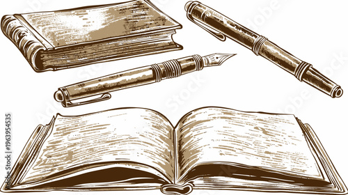 Engraved illustration of two pens and two books on a white background