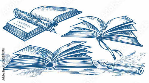 Open books and pens in blue, in sketched vintage-style artwork on white background