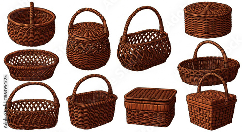 Set of traditional brown rattan picnic and storage baskets 3D illustration.