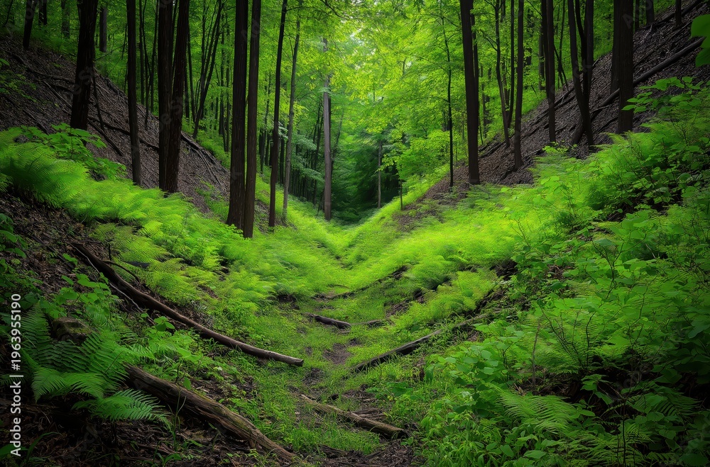 Obraz premium Forest path carving a peaceful valley, surrounded by vibrant green ferns and tall trees creating a serene natural landscape