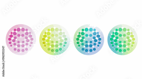Four watercolor circles, gradient color washes with centered, circular dot patterns